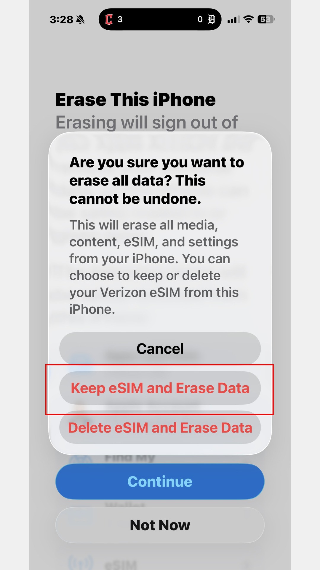 Keep eSIM and Erase Data dialog