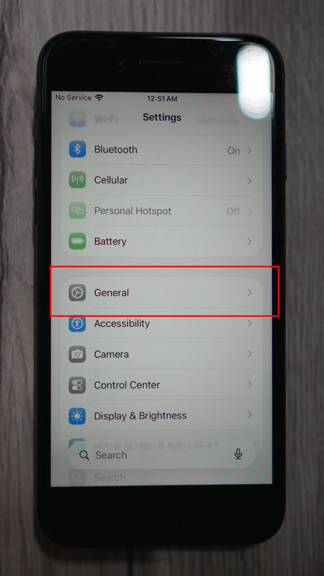 Settings showing General