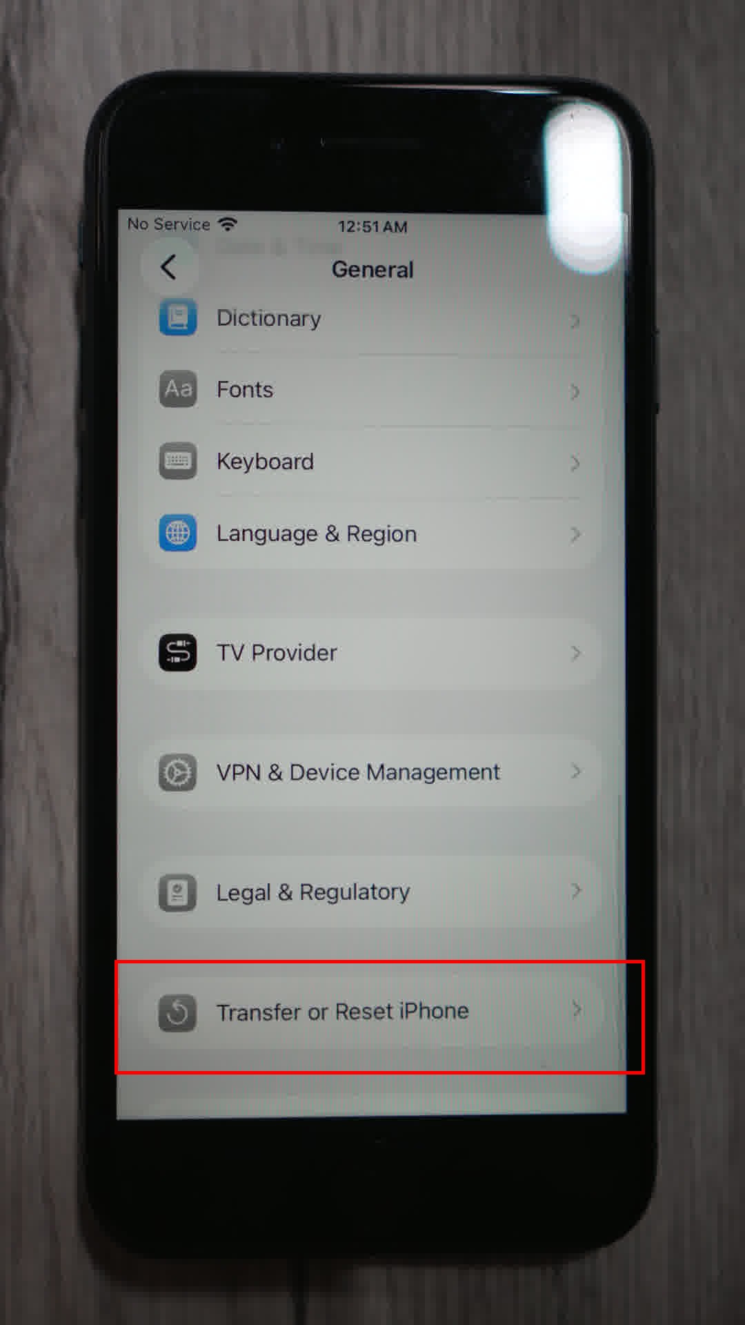 General - Transfer or Reset iPhone at bottom