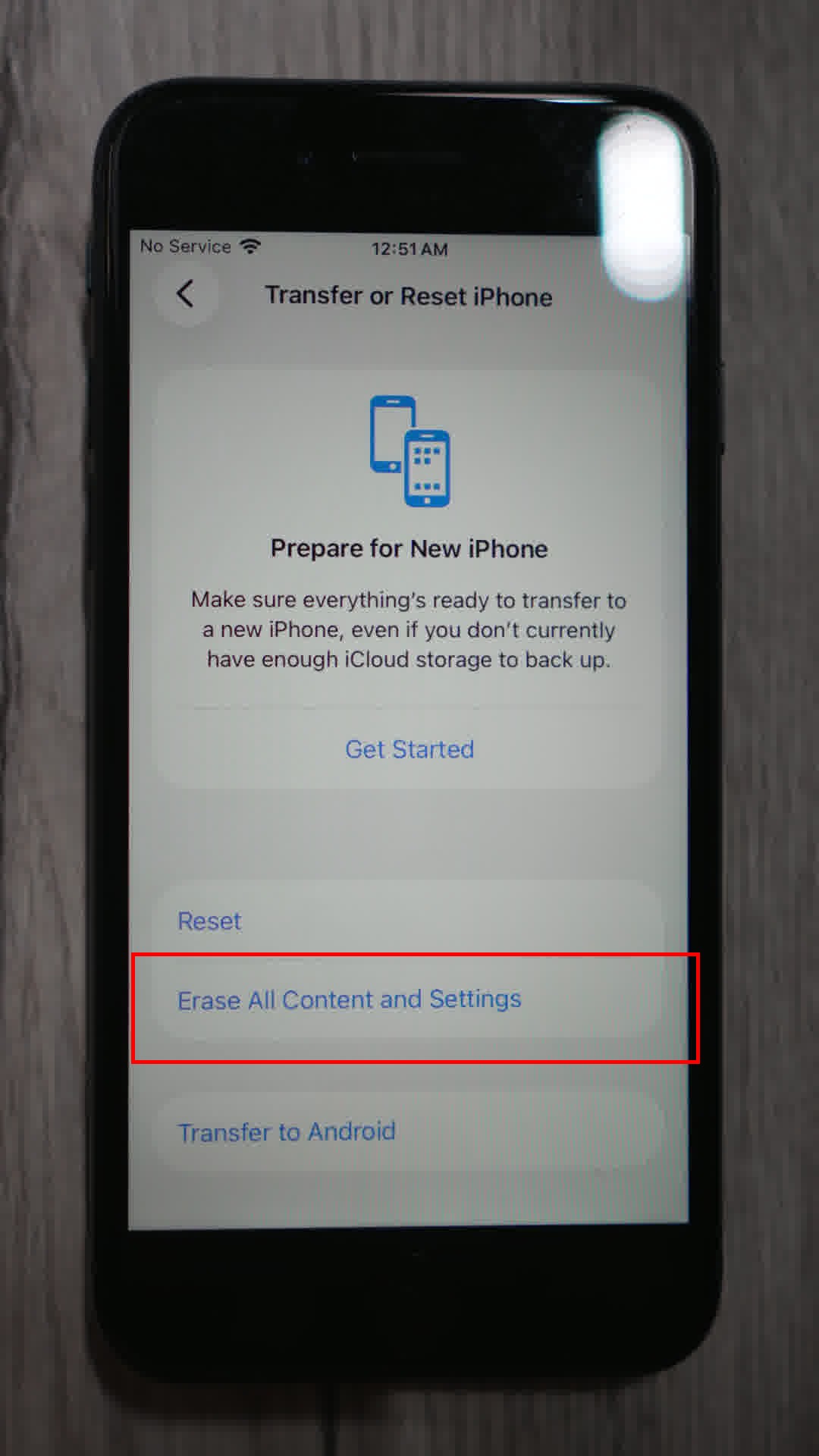 Transfer or Reset iPhone page